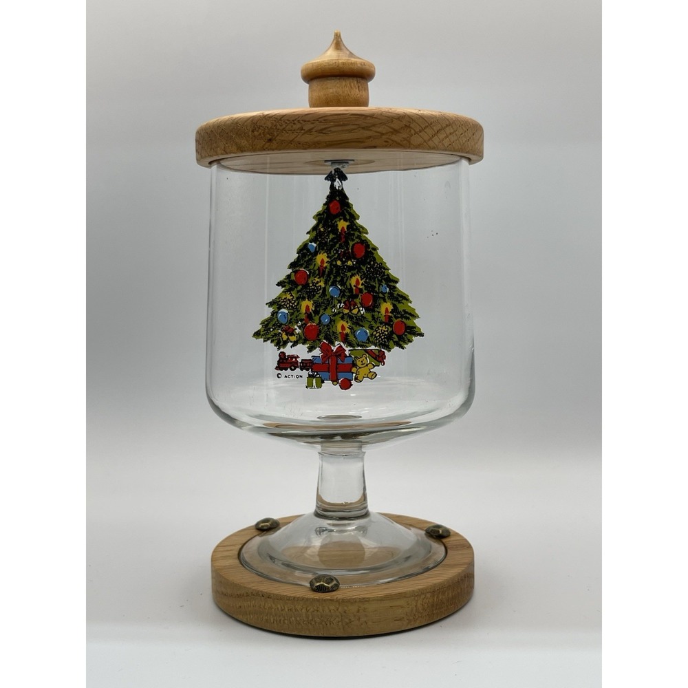 Vintage Action Christmas Tree Glass Candy Jar Wood Lid Pedestal